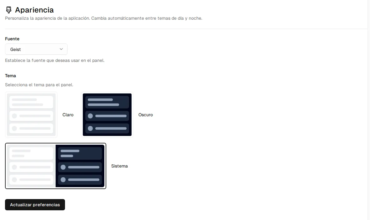 Pantalla Apariencia: selector de fuente y tema claro, oscuro o sistema, con el botón Actualizar preferencias