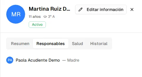 Pestaña Responsables del perfil de un beneficiario: su acudiente con la relación Madre