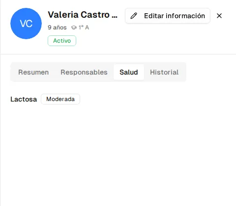 Pestaña Salud del perfil de un beneficiario: alergia a la lactosa con severidad moderada