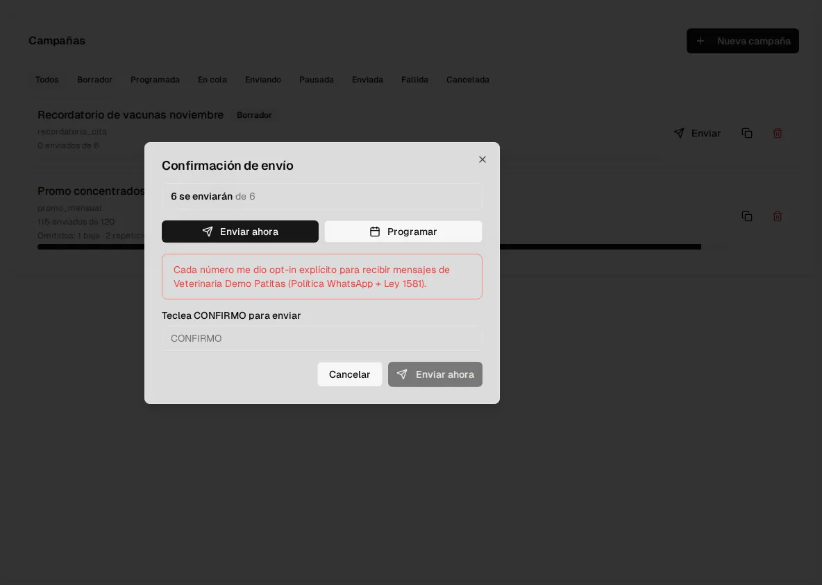 Confirmación de envío: cuántos se enviarán, Enviar ahora o Programar, la declaración de opt-in y el campo para escribir CONFIRMO