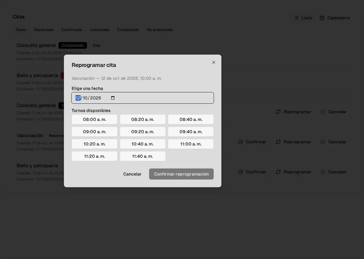 Diálogo Reprogramar cita: selector de fecha y turnos disponibles del día
