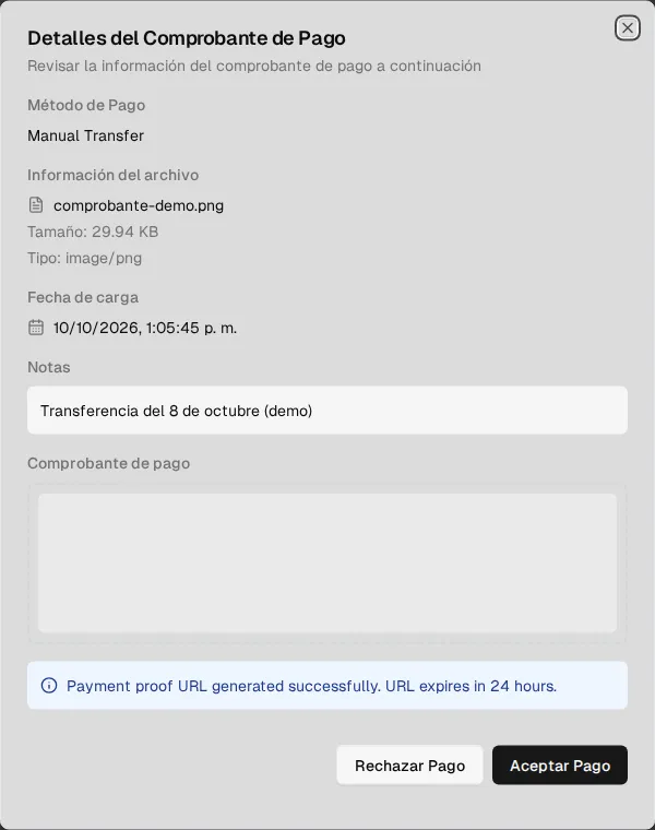 Detalles del Comprobante de Pago: método, información del archivo, fecha de carga, notas y los botones Rechazar Pago y Aceptar Pago