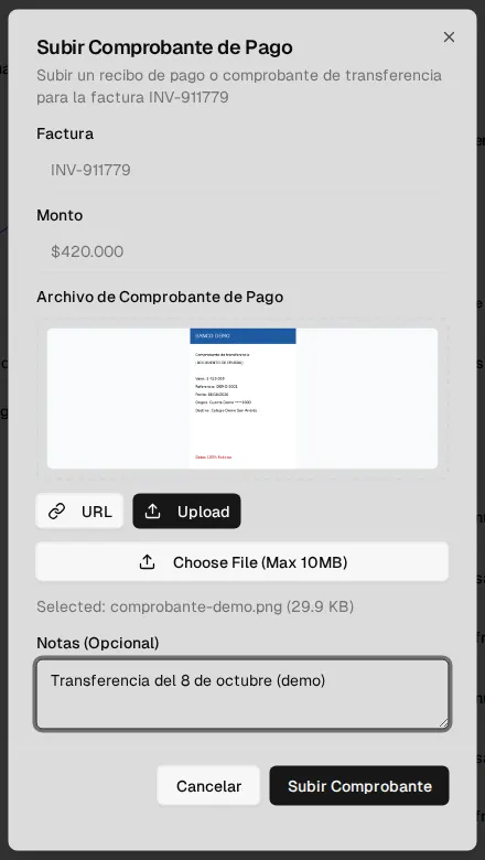 Diálogo Subir Comprobante de Pago: factura, monto, archivo del comprobante y notas