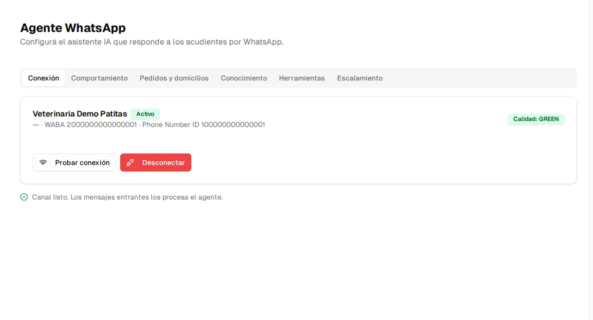 Canal conectado y activo, con calidad GREEN y los botones «Probar conexión» y «Desconectar»