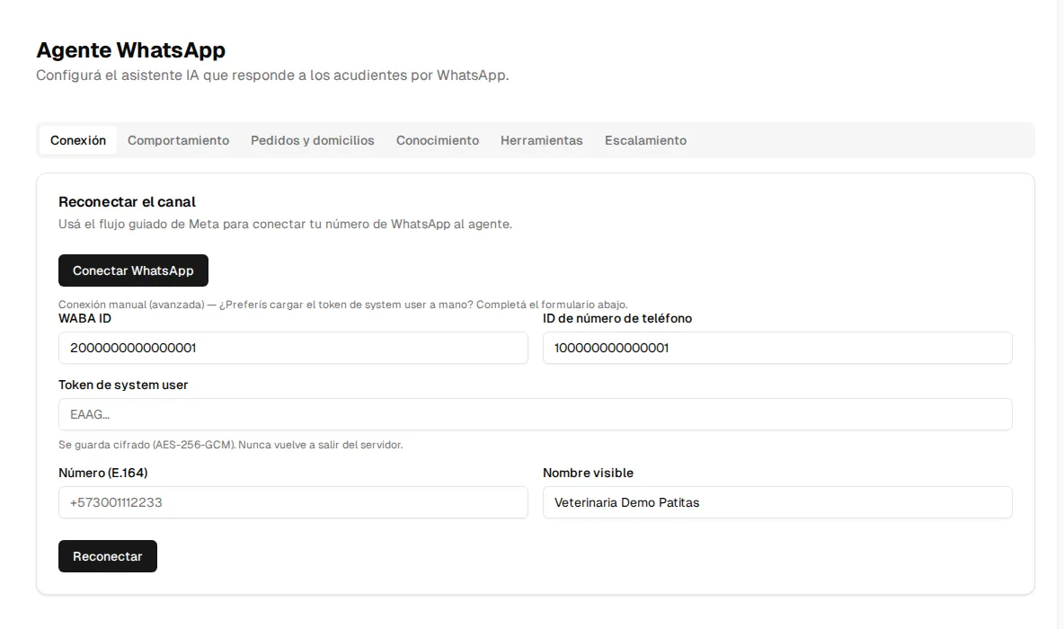 Pantalla de Conexión sin canal: botón «Conectar WhatsApp» y, debajo, el formulario de conexión manual