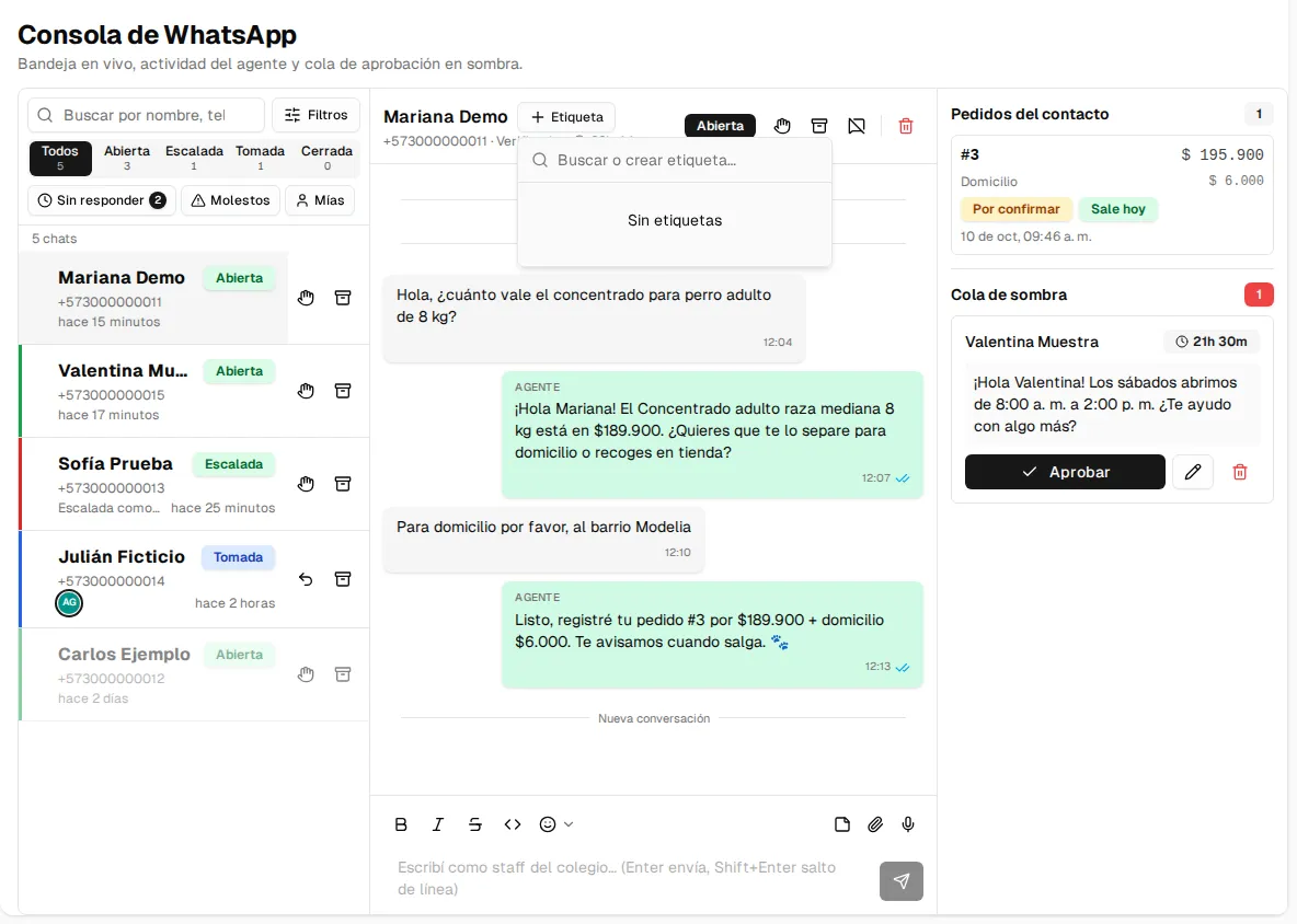 Selector de etiquetas abierto sobre el hilo de un contacto