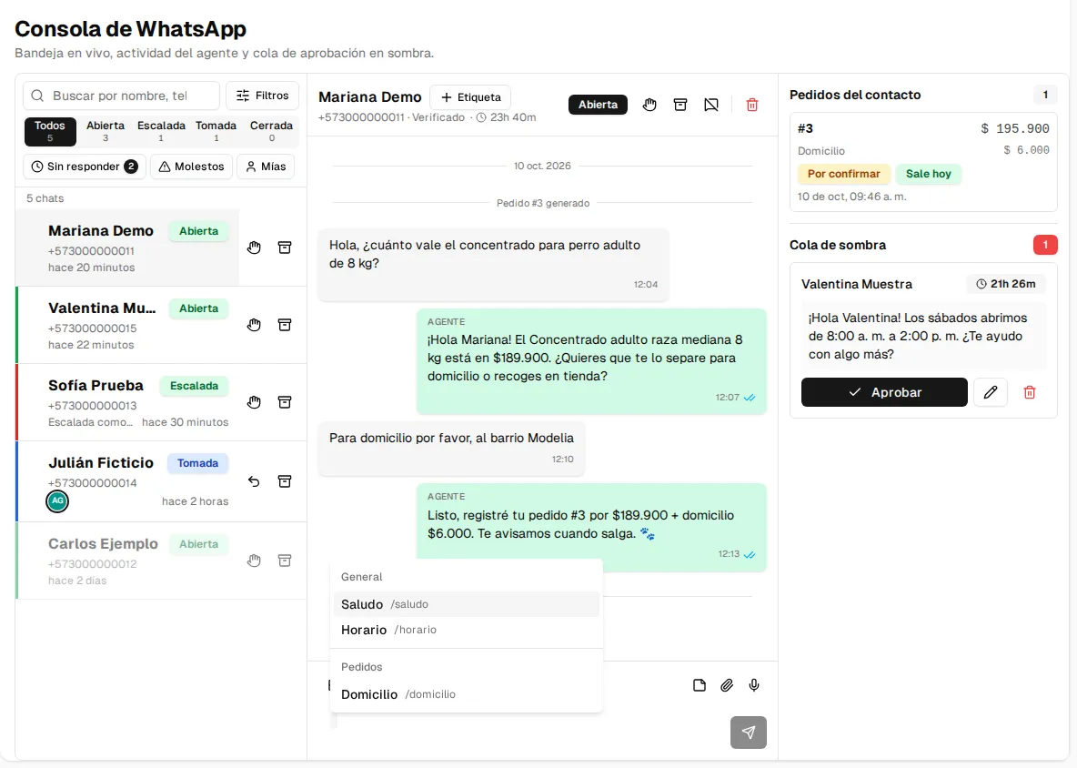 Paleta de respuestas rápidas abierta en la consola al escribir «/», agrupada en General y Pedidos
