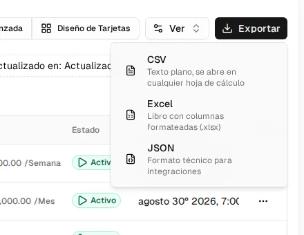 Menú Exportar de un listado con las opciones CSV, Excel y JSON