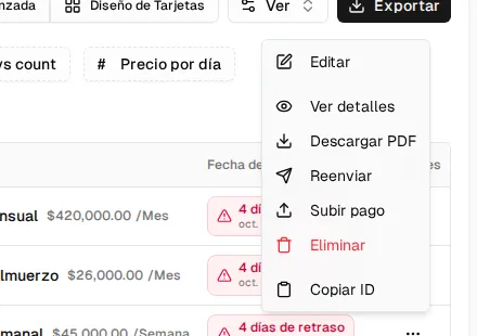 Menú de acciones de una factura pendiente: Editar, Ver detalles, Descargar PDF, Reenviar, Subir pago, Eliminar y Copiar ID