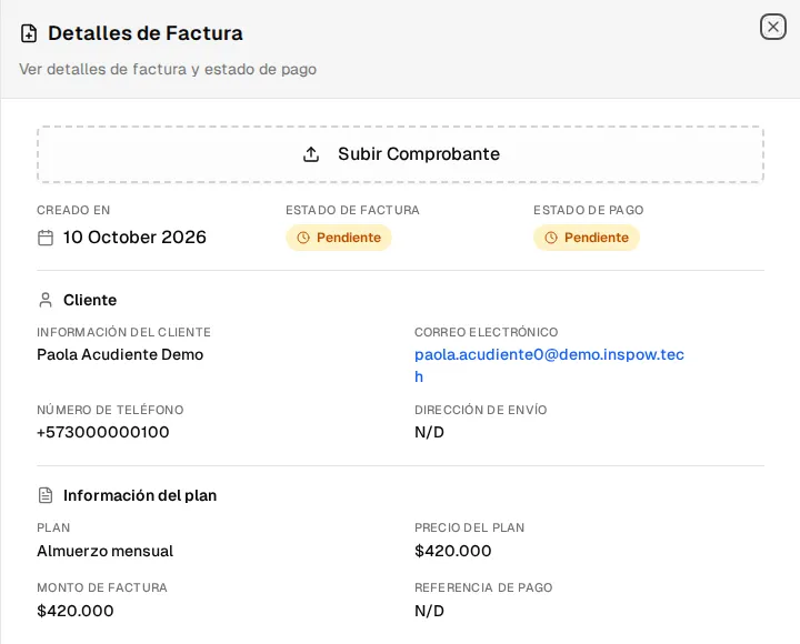 Detalle de una factura pendiente: botón Subir Comprobante, estados, datos del cliente y del plan