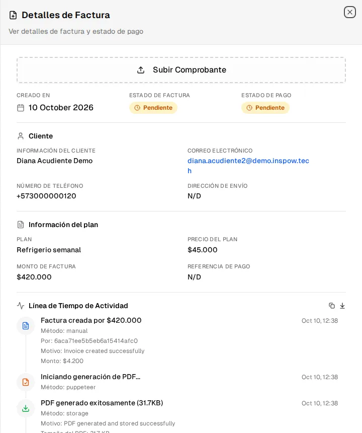 Panel Detalles de Factura: botón Subir Comprobante, estado de la factura y del pago, datos del cliente, del plan y la línea de tiempo de actividad