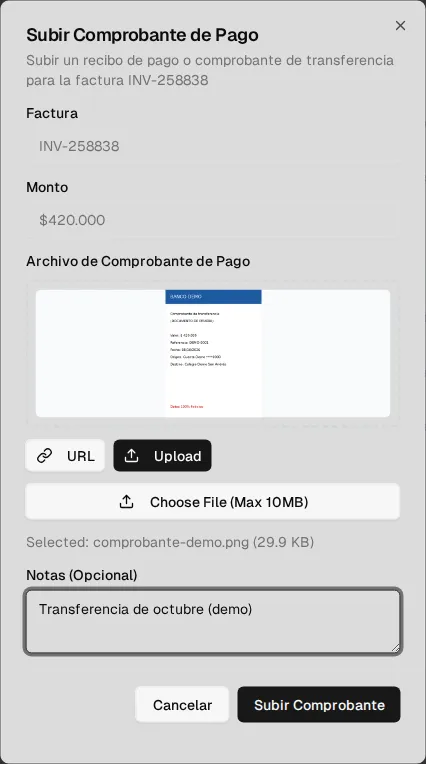 Diálogo Subir Comprobante de Pago: factura, monto, archivo del comprobante con vista previa y notas