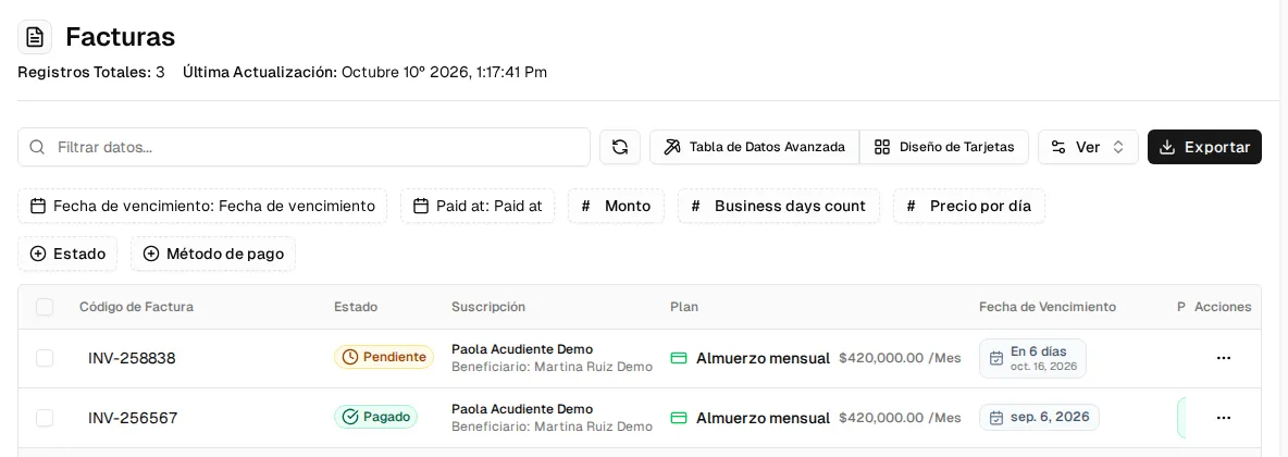 Lista de facturas del acudiente: una pendiente que vence en 6 días y una pagada