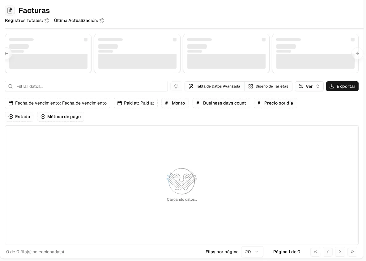 Listado de facturas: tarjetas de total facturado, progreso de pagos, facturas vencidas e ingresos, y la tabla con código, estado, suscripción, plan y vencimiento