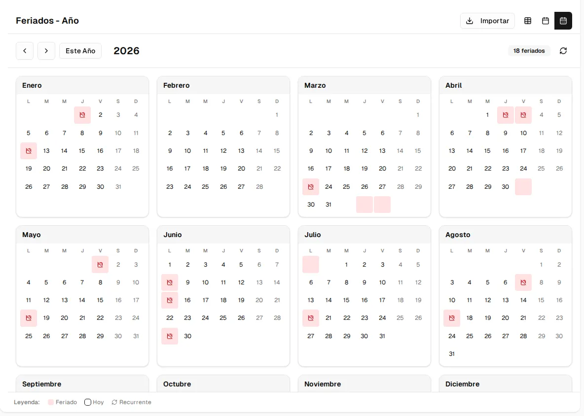 Calendario anual de feriados 2026 con los festivos marcados en cada mes, el botón Importar y los selectores de vista