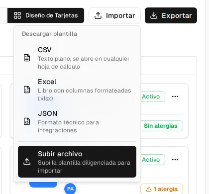 Menú Importar: Descargar plantilla en CSV, Excel o JSON y el botón Subir archivo