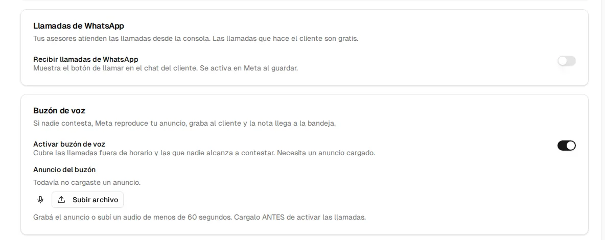 Pestaña Llamadas: interruptor Recibir llamadas de WhatsApp y tarjeta Buzón de voz con el anuncio y el botón Subir archivo