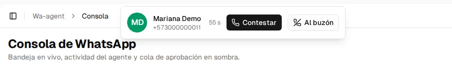Aviso de llamada entrante de Mariana Demo con la cuenta regresiva y los botones Contestar y Al buzón