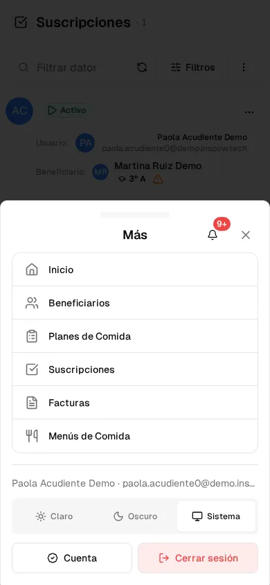 Menú «Más» en el celular con todas las secciones, el tema, Cuenta y Cerrar sesión