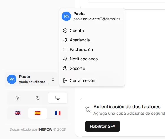 Menú del usuario abierto con las opciones Cuenta, Apariencia, Facturación, Notificaciones, Soporte y Cerrar sesión