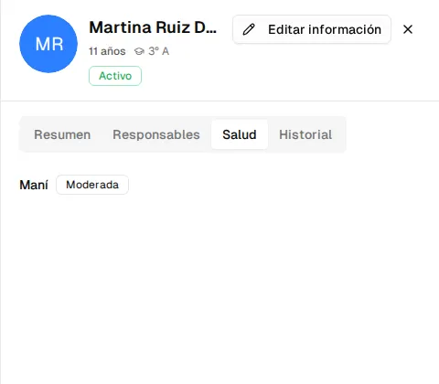 Pestaña Salud con una alergia y su severidad