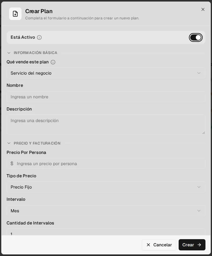 Formulario Crear Plan, parte superior: interruptor Está Activo, información básica y precio