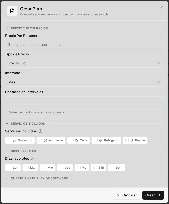 Formulario Crear Plan, parte inferior: tipo de precio, intervalo, servicios incluidos y días laborales