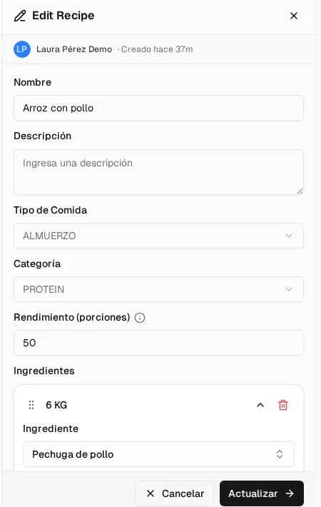 Formulario de edición de una receta: nombre, descripción, tipo de comida, categoría, rendimiento e ingredientes
