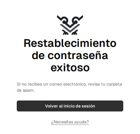 Confirmación del envío del enlace, con el aviso de revisar la carpeta de spam