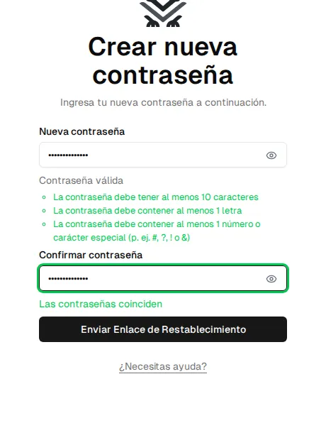 Formulario «Crear nueva contraseña» con los requisitos cumplidos en verde y «Las contraseñas coinciden»