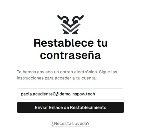 Pantalla «Restablece tu contraseña» con el correo y el botón Enviar Enlace de Restablecimiento