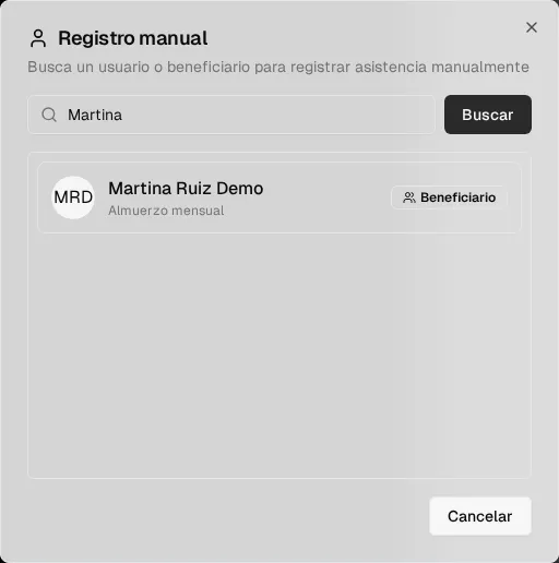 Diálogo Registro manual con la búsqueda de un beneficiario y su plan