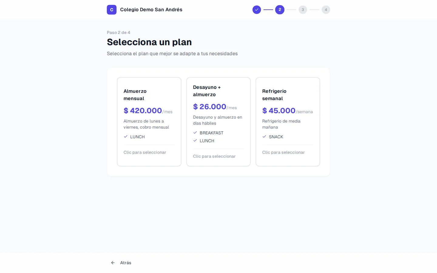 Paso Plan del registro público: tarjetas de los planes del colegio con precio y servicios incluidos