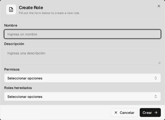 Formulario para crear un rol: nombre, descripción, permisos y roles heredados