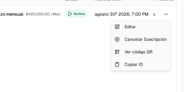 Menú de acciones de una suscripción: Editar, Cancelar Suscripción, Ver código QR y Copiar ID