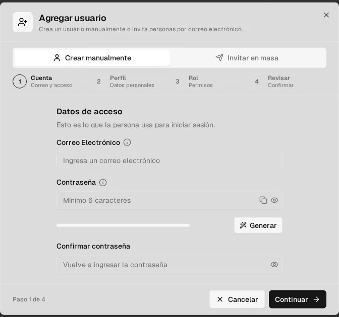 Agregar usuario, pestaña Crear manualmente: paso Cuenta con correo, contraseña y botón Generar