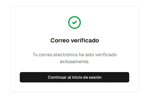 Pantalla «Correo verificado» con el botón Continuar al inicio de sesión